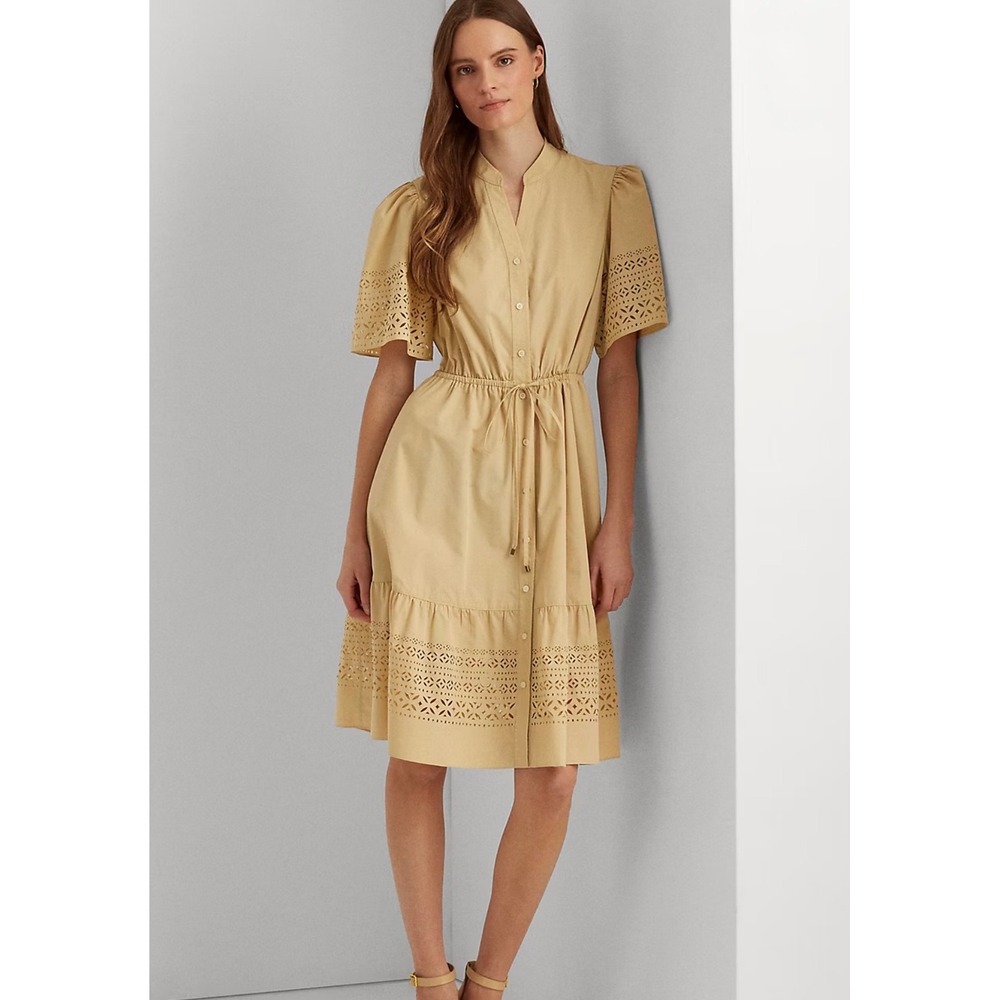 Lauren Ralph Lauren Eyelet Laser Cut Poplin Midi Dress Size 8 Beige Feminine